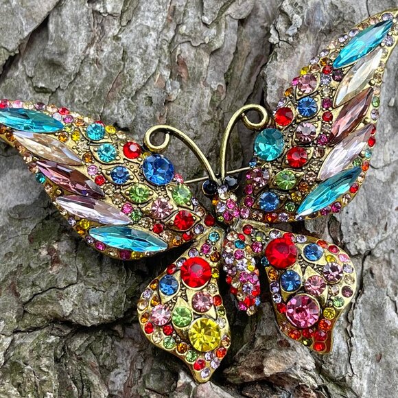 Large Butterfly Rhinestone Brooch Butterfly Brooch Multi Color Butterfly Pin - Picture 4 of 5